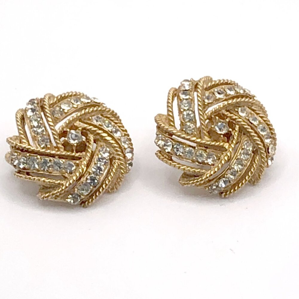 Vintage Crown Trifari Round Gold-Tone Clear Rhinestone Clip-On Earrings